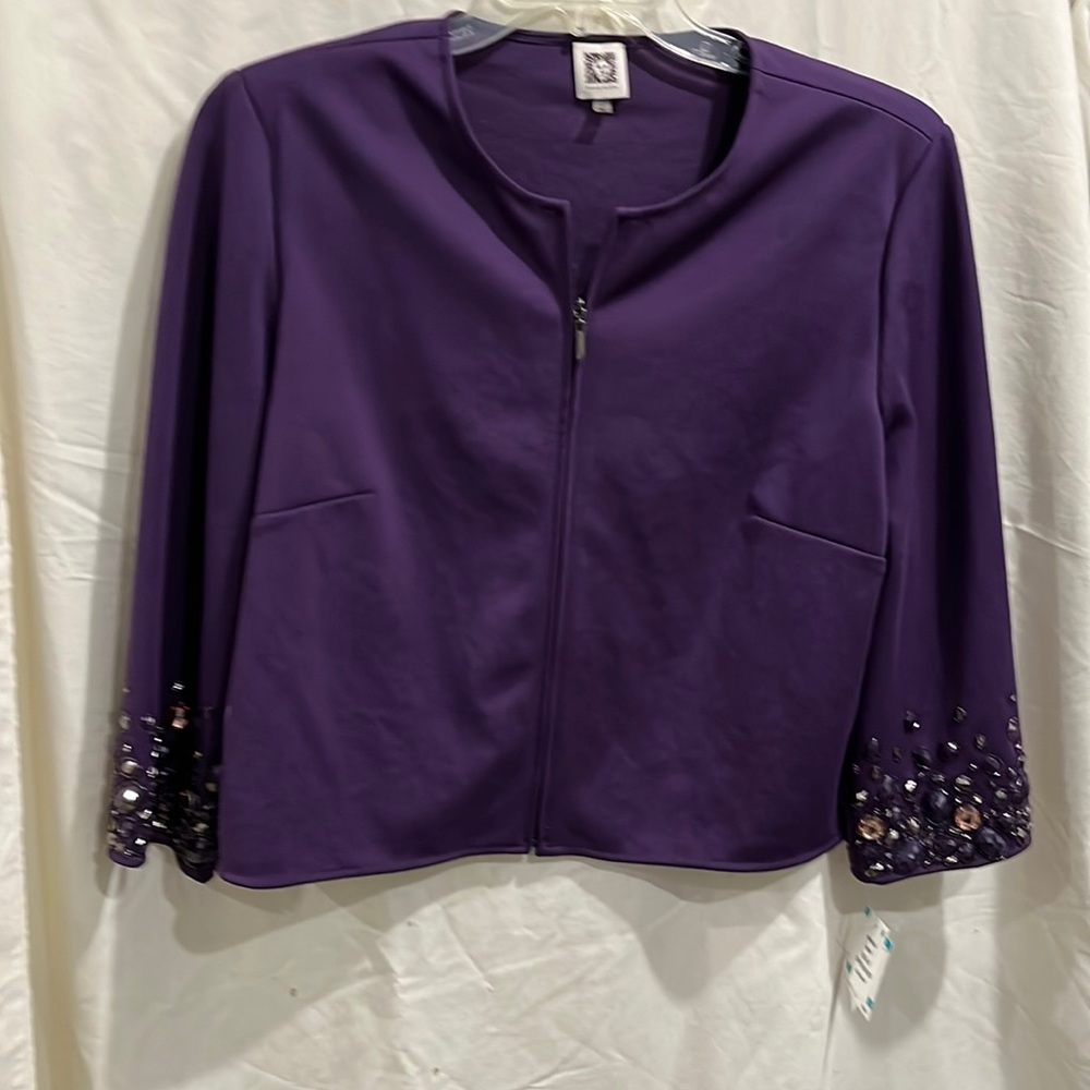 Women jacket by Anne Klein size 16 zip d front 3 quarter length sleeve Purple